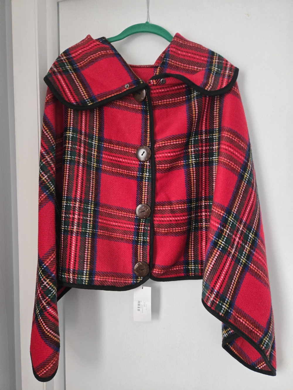 Womens Red Plaid Button Cape Poncho